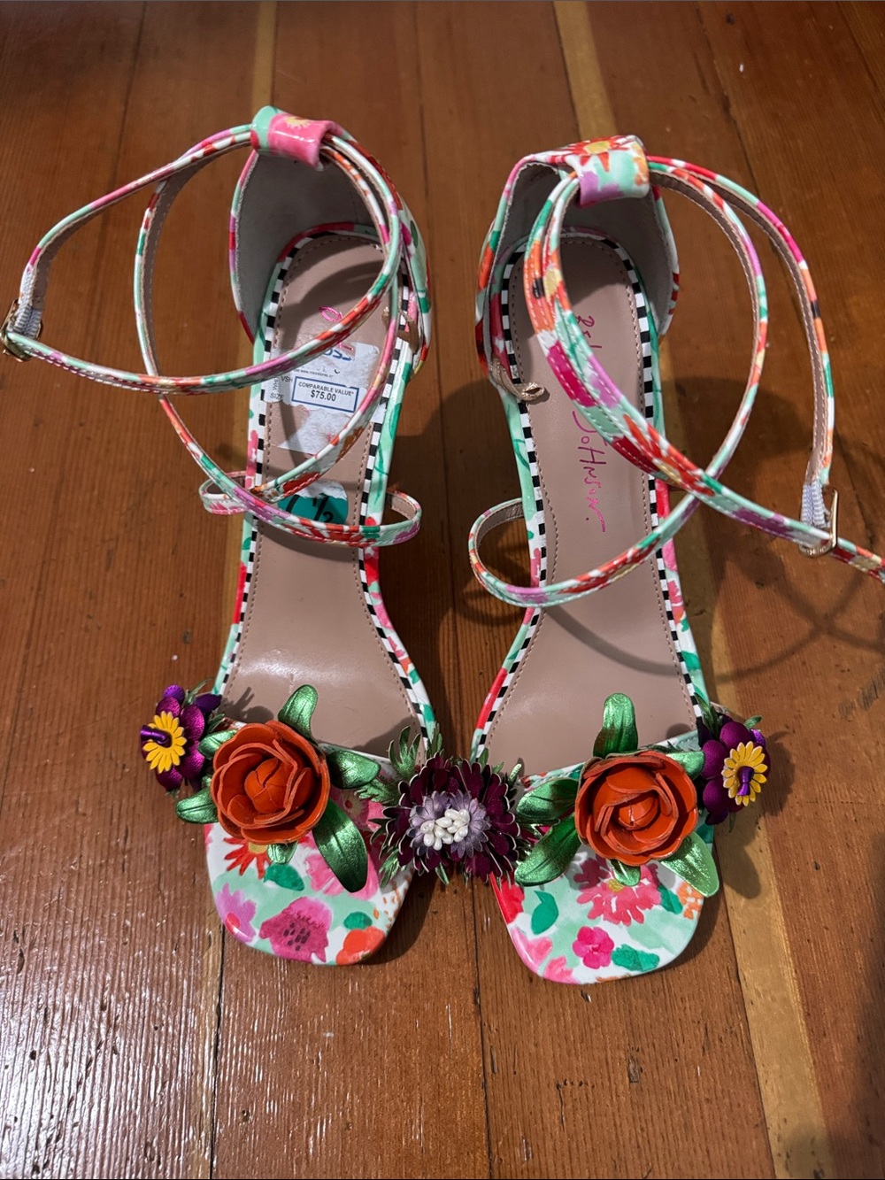 Betsey Johnson Multicolor Floral Ankle-Tie Heels with Orange Rose Appliqués